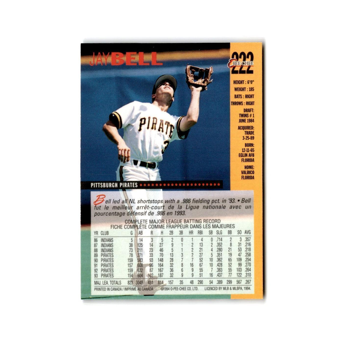 Jay Bell 1994 O-Pee-Chee #222 Pittsburgh Pirates Baseball Card NM