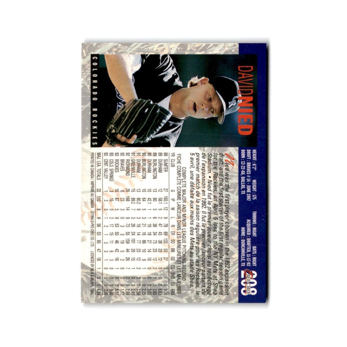 David Nied 1994 O-Pee-Chee #208 Colorado Rockies Baseball Card NM