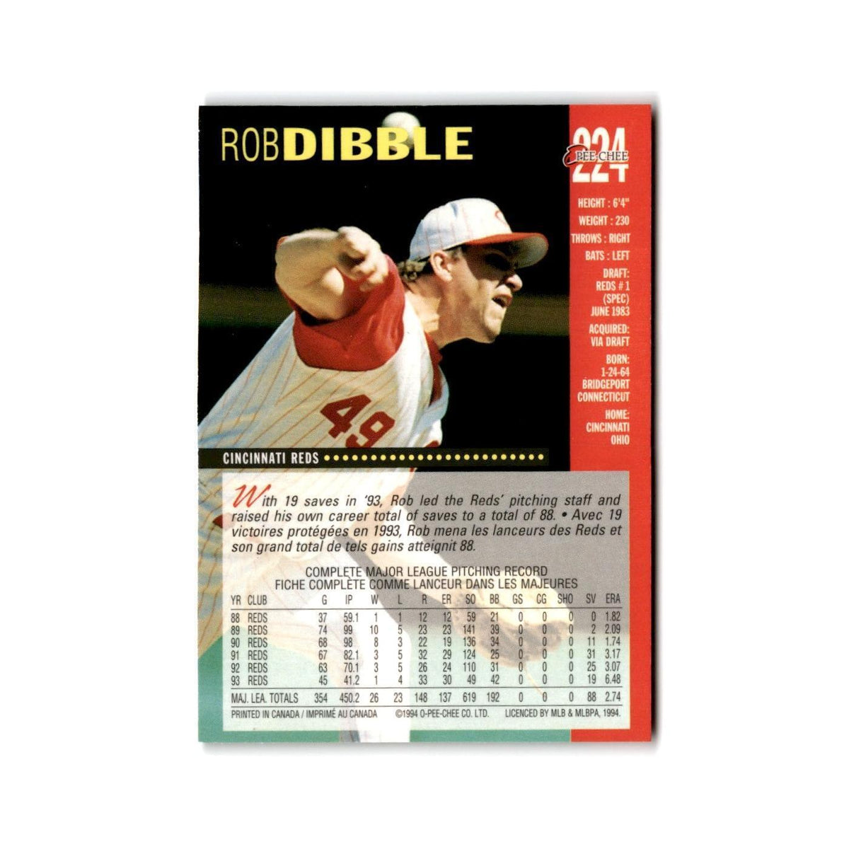 Rob Dibble 1994 O-Pee-Chee #224 Cincinnati Reds Baseball Card NM