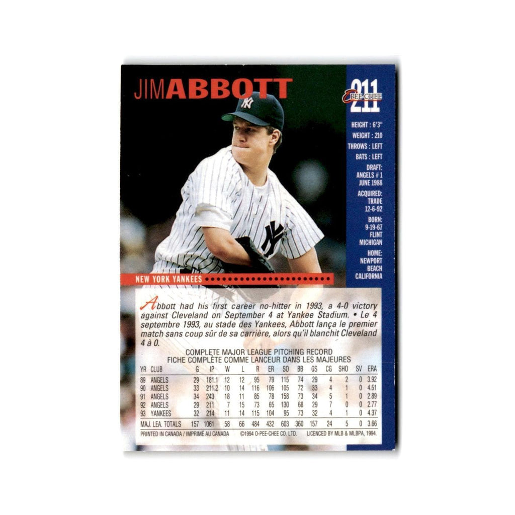 Jim Abbott 1994 O-Pee-Chee #211 New York Yankees Baseball Card NM