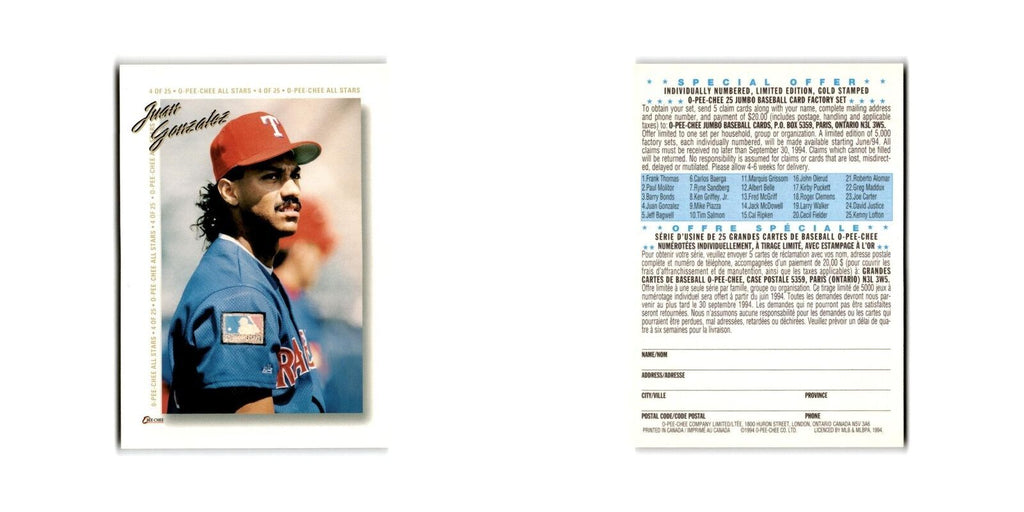 Juan Gonzalez 1994 O-Pee-Chee All-star Redempton #4 Texas Rangers NM