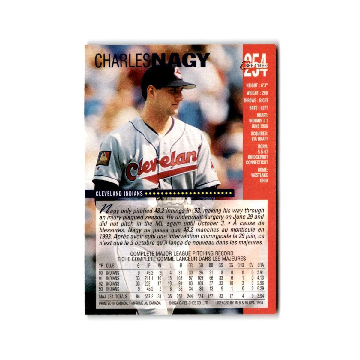 Charles Nagy 1994 O-Pee-Chee #254 Cleveland Indians Baseball Card NM