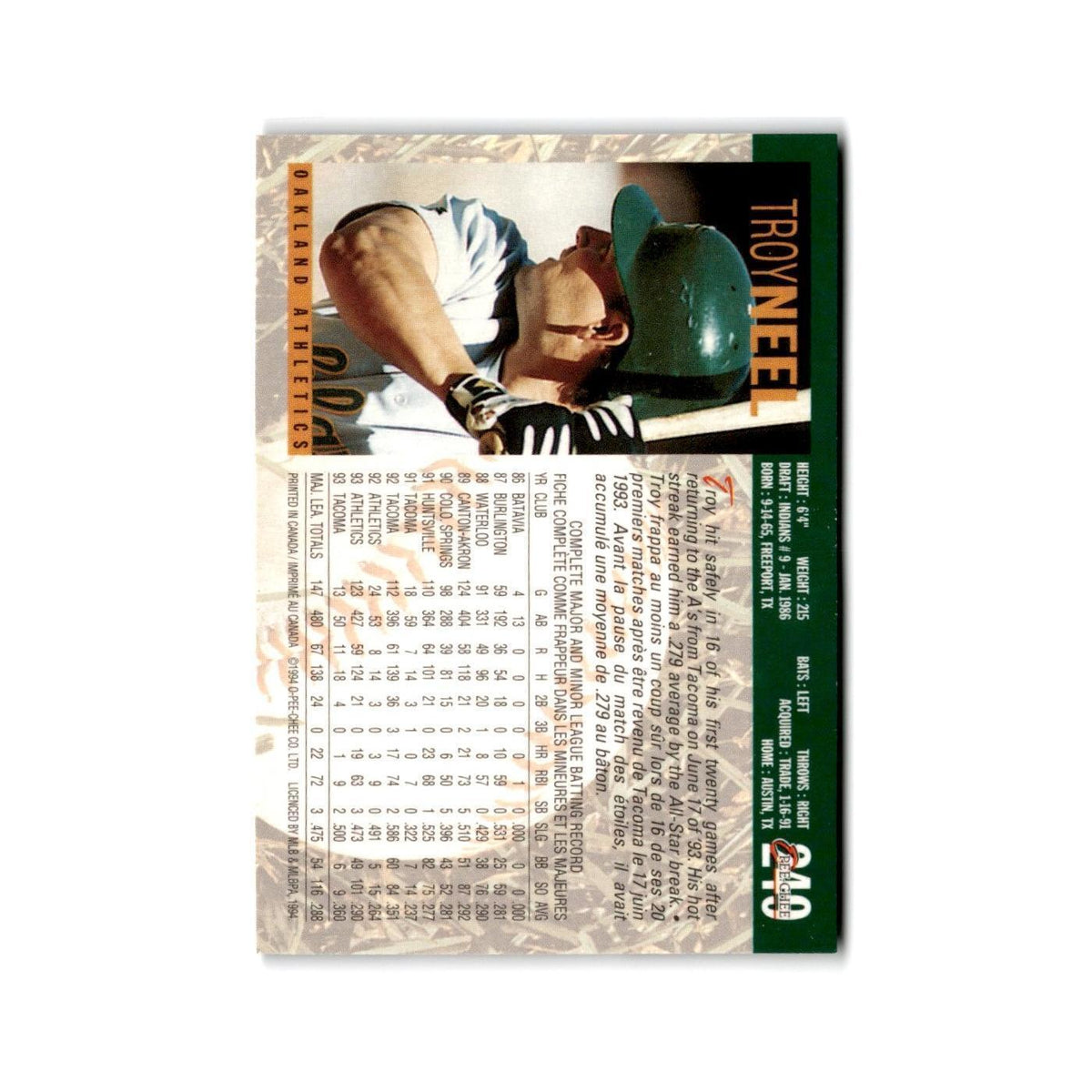 Troy Neel 1994 O-Pee-Chee #249 Oakland Athletics Baseball Card NM