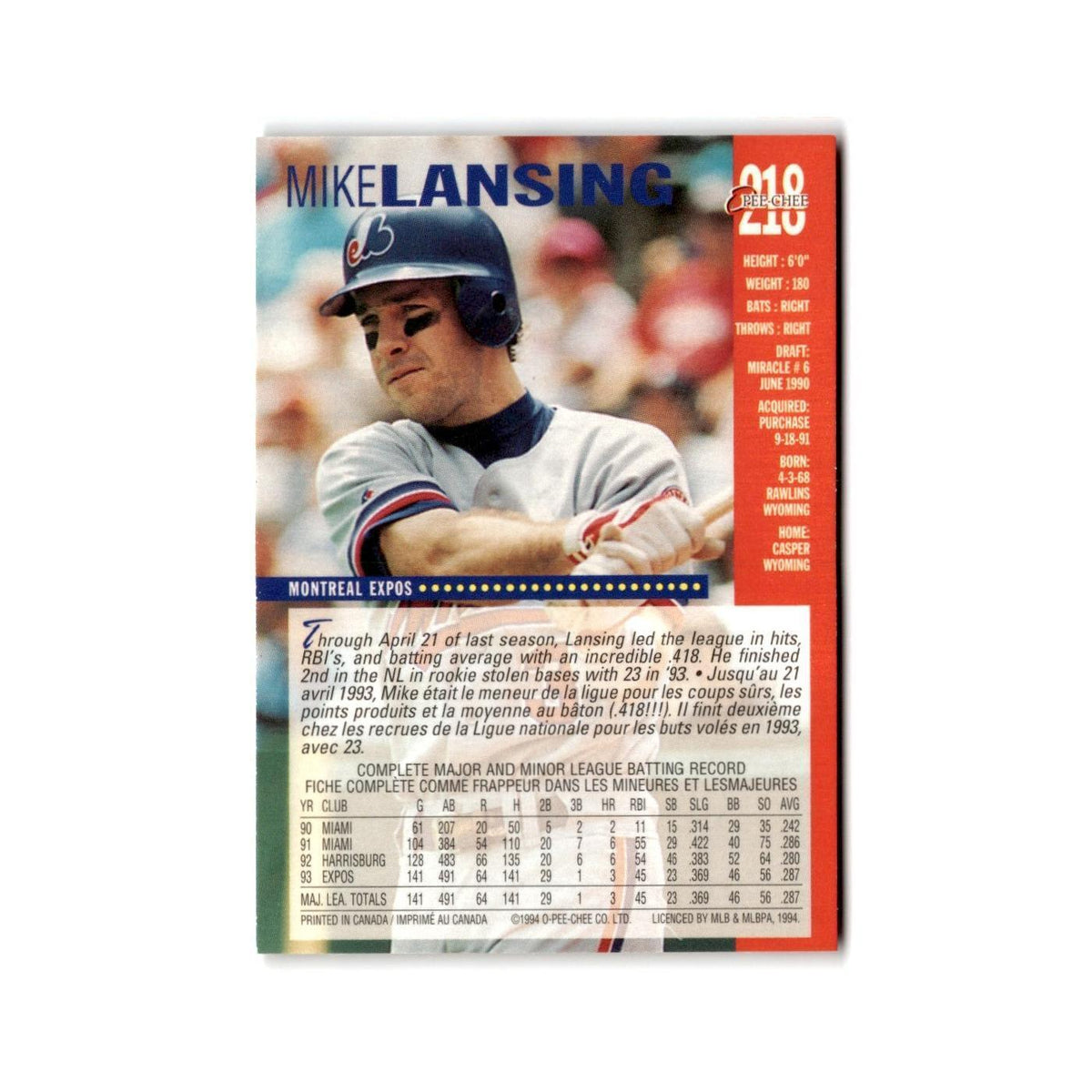 Mike Lansing 1994 O-Pee-Chee #218 Montreal Expos Baseball Card NM