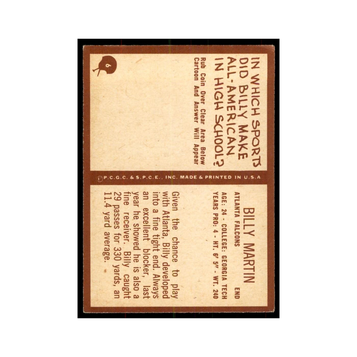 1967 Philadelphia Billy Martin Football Cards #6