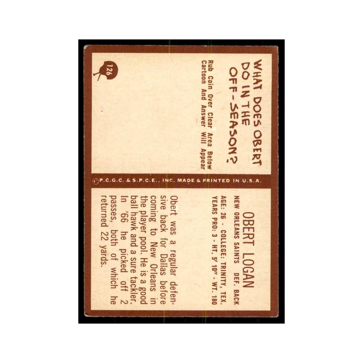 1967 Philadelphia Obert Logan Football Cards #126