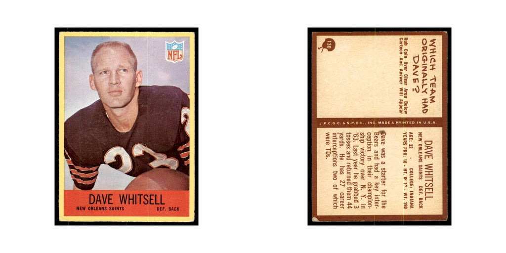 1967 Philadelphia Dave Whitsell Football Cards #130