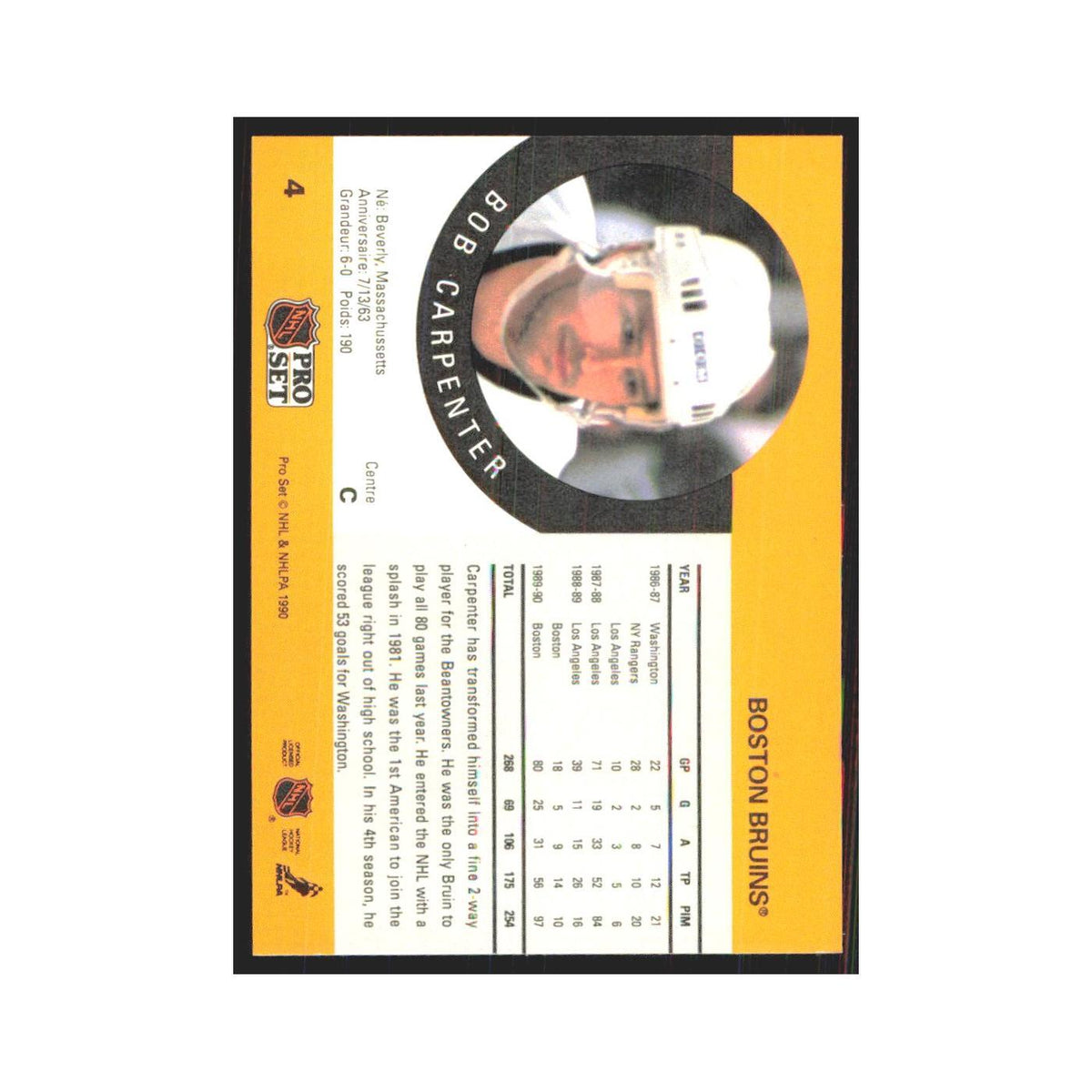 1990 Pro Set Bob Carpenter Boston Bruins #4