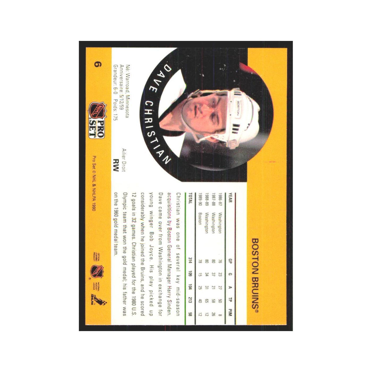 1990 Pro Set Dave Christian Boston Bruins #6
