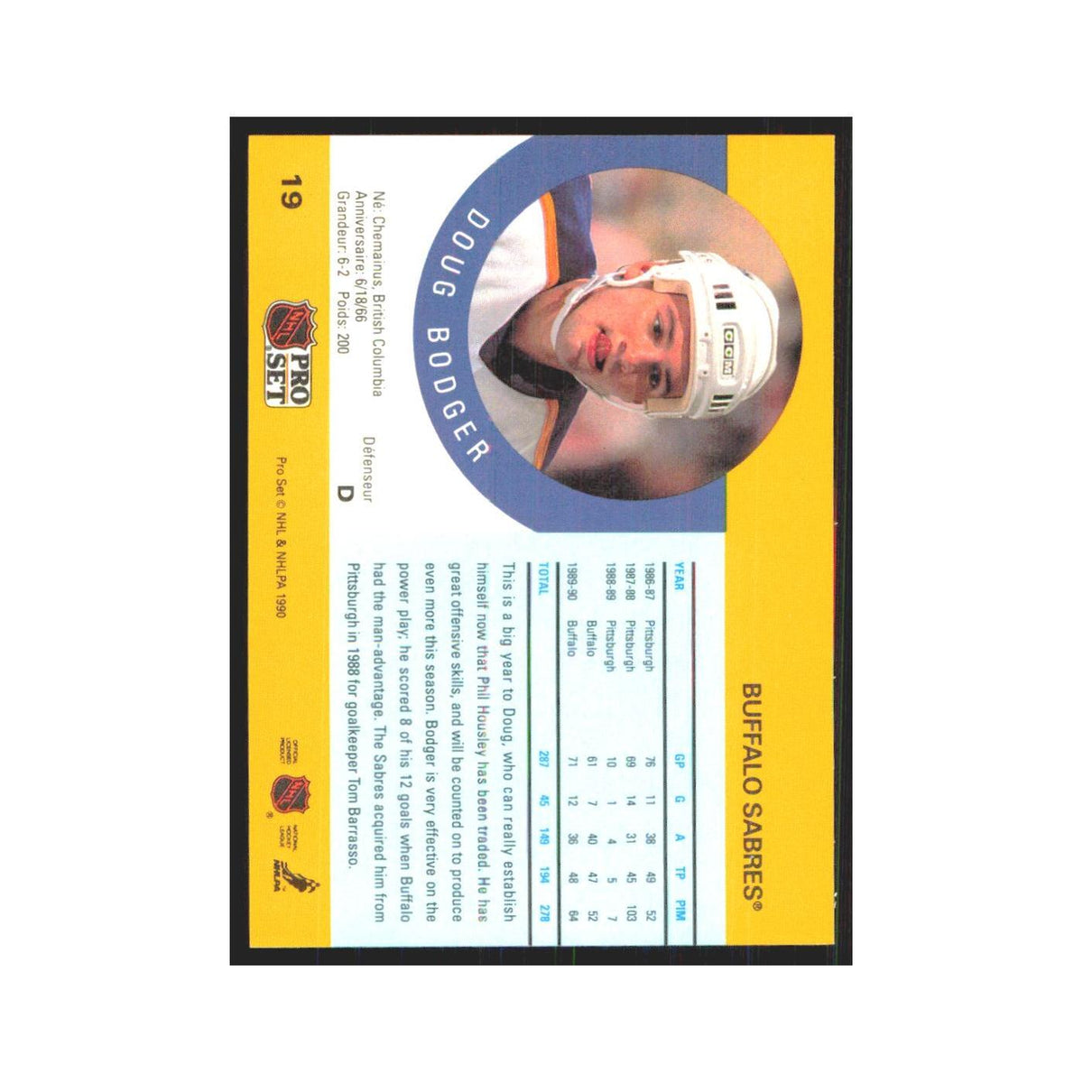 1990 Pro Set Doug Bodger Buffalo Sabres #19