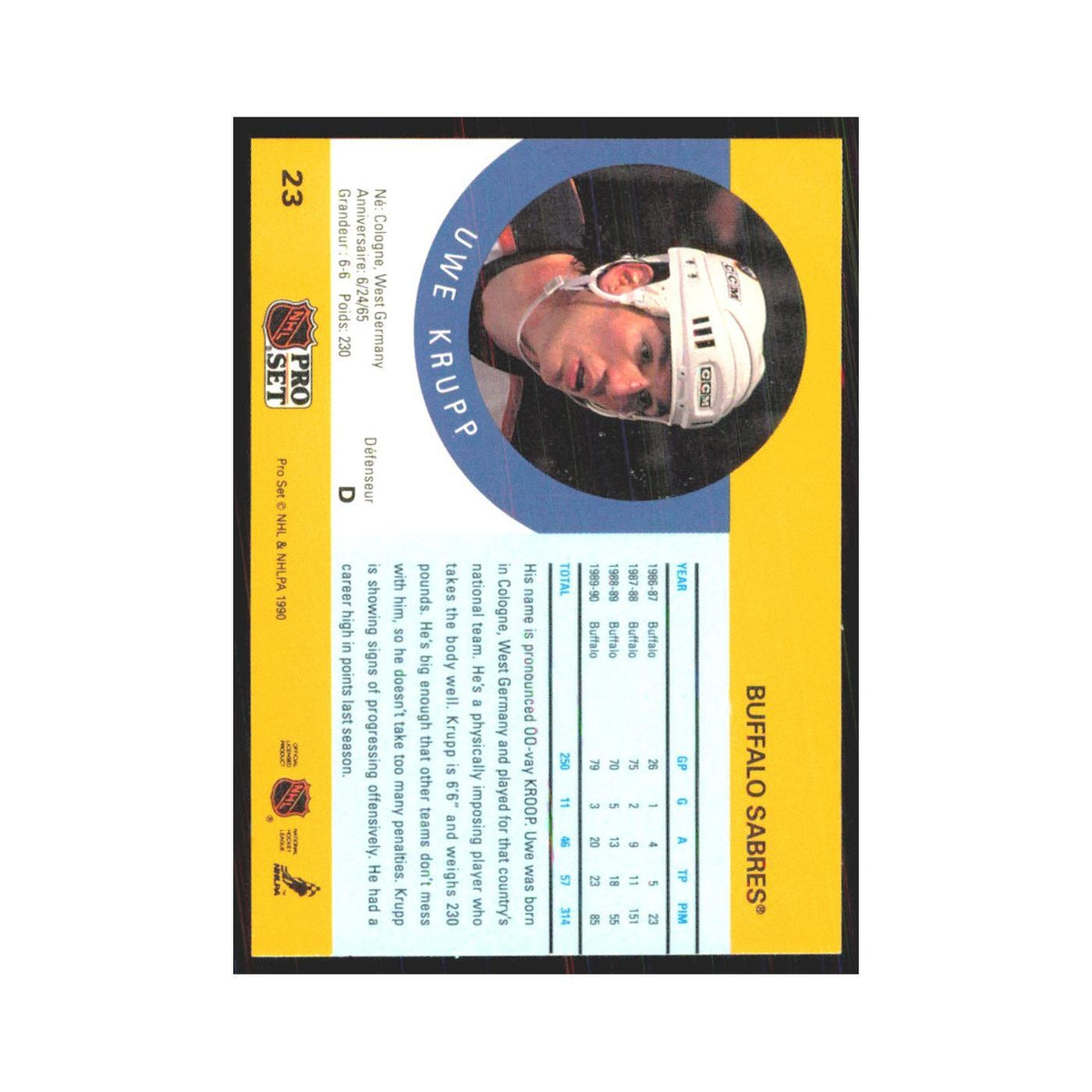 1990 Pro Set Uwe Krupp Buffalo Sabres #23