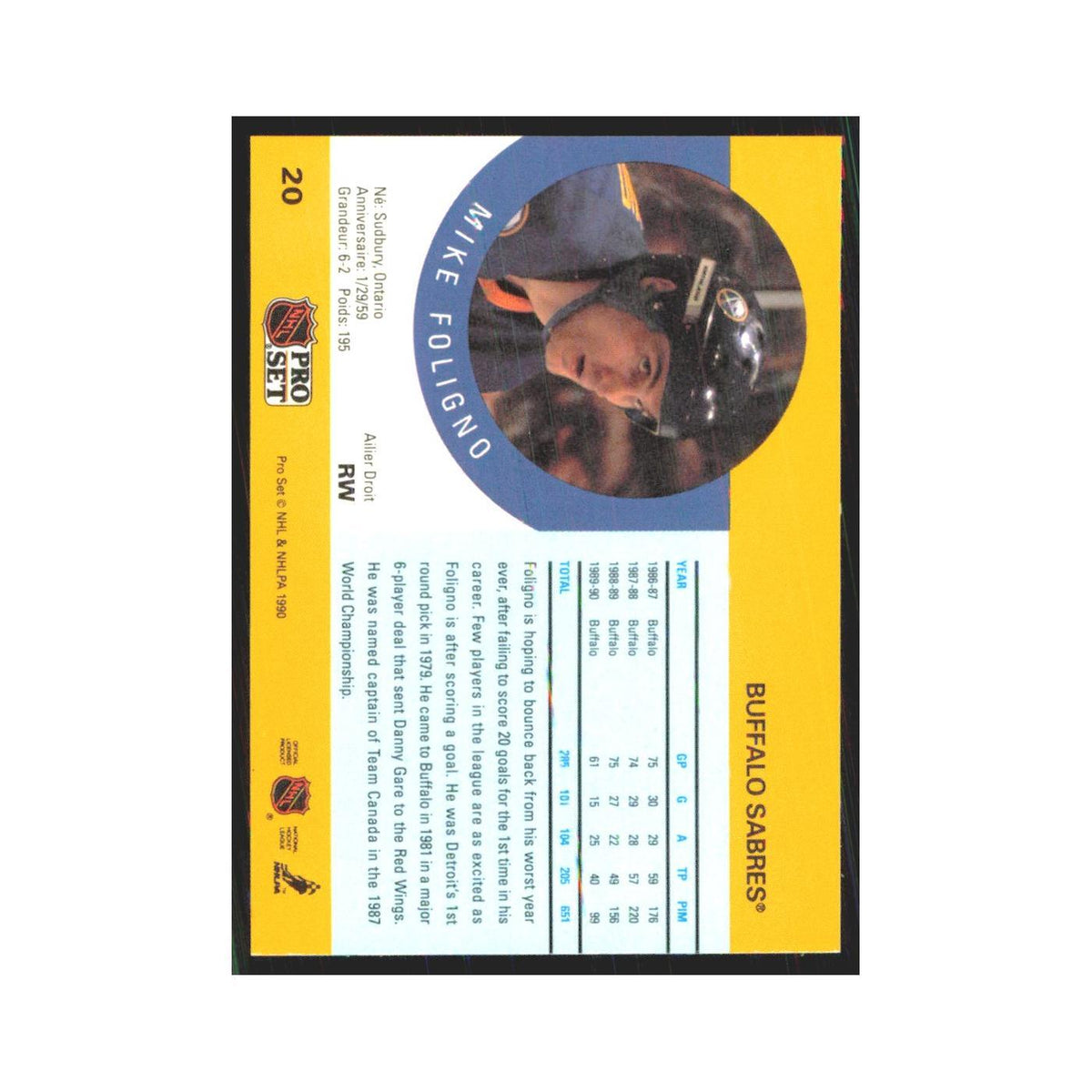 1990 Pro Set Mike Foligno Buffalo Sabres #20