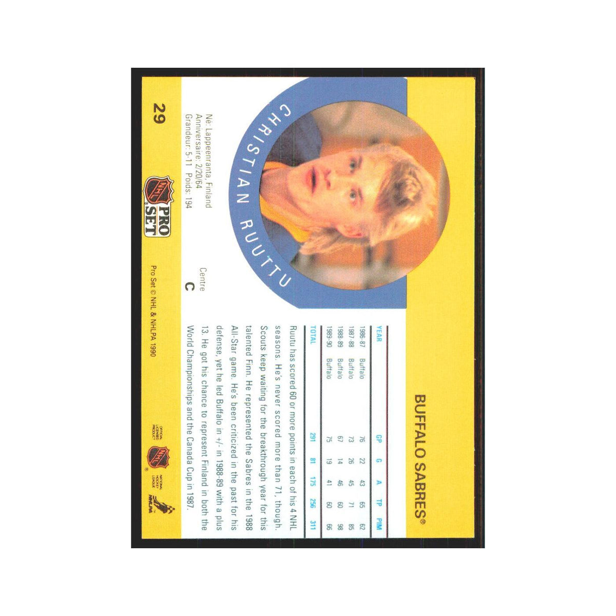 1990 Pro Set Christian Ruuttu Buffalo Sabres #29