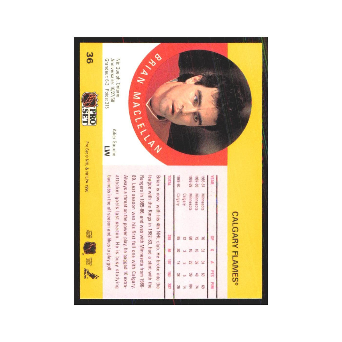 1990 Pro Set Brian MacLellan Calgary Flames #36