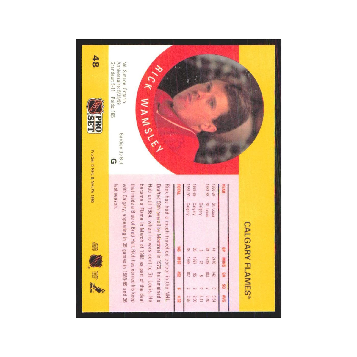 1990 Pro Set Rick Wamsley Calgary Flames #48