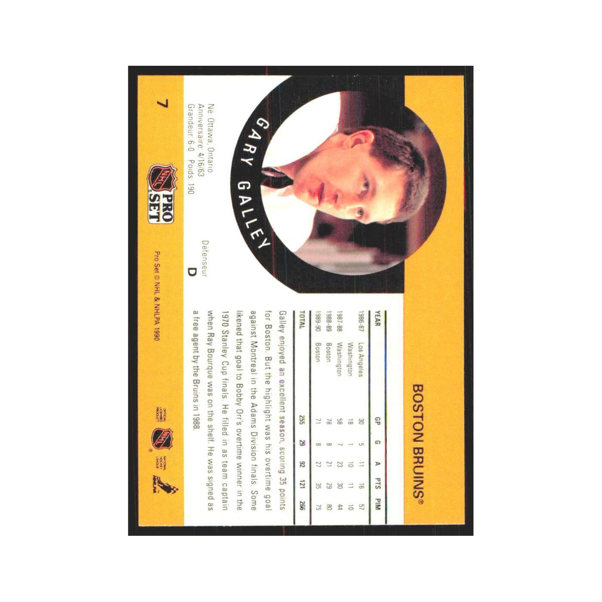 1990 Pro Set Garry Galley Boston Bruins #7