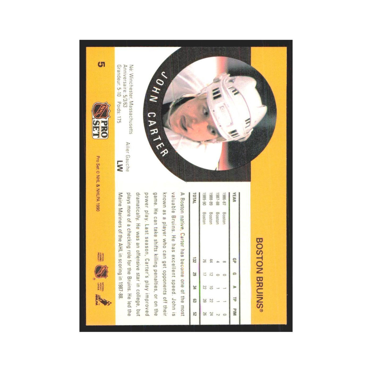 1990 Pro Set John Carter Boston Bruins #5