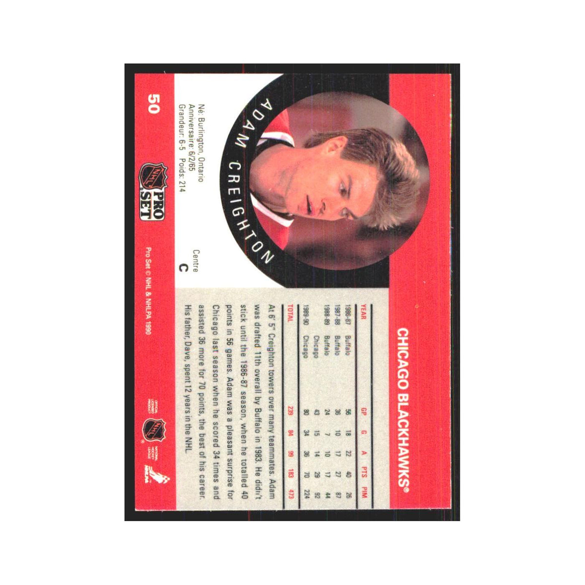 1990 Pro Set Adam Creighton Chicago Blackhawks #50