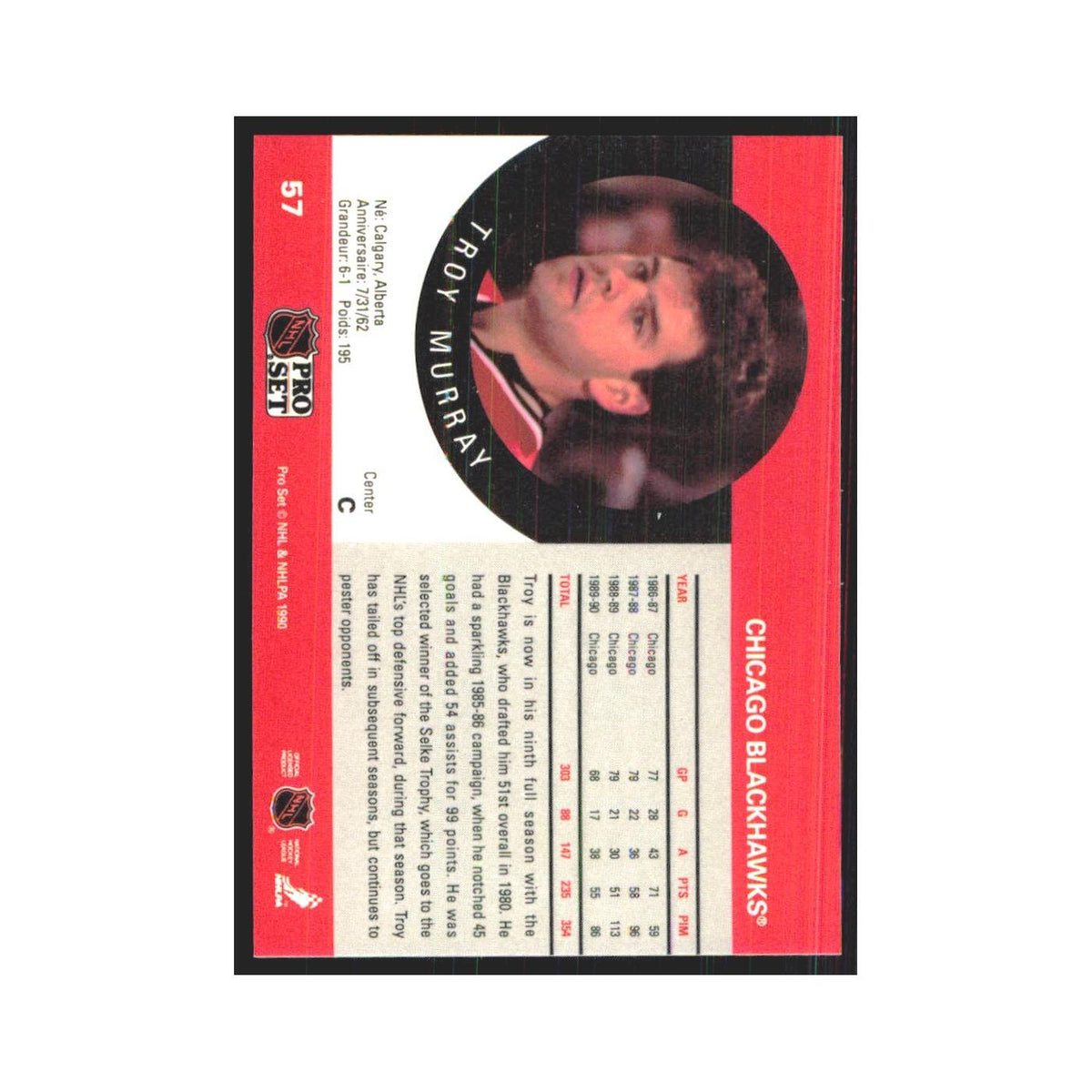 1990 Pro Set Troy Murray Chicago Blackhawks #57
