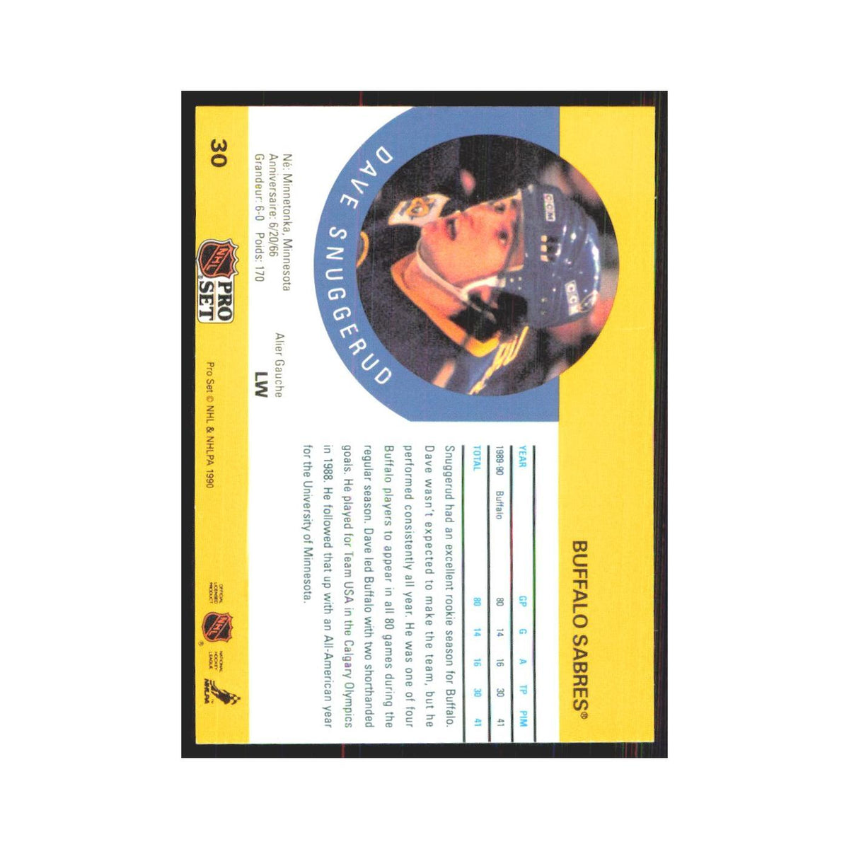 1990 Pro Set Dave Snuggerud Buffalo Sabres #30
