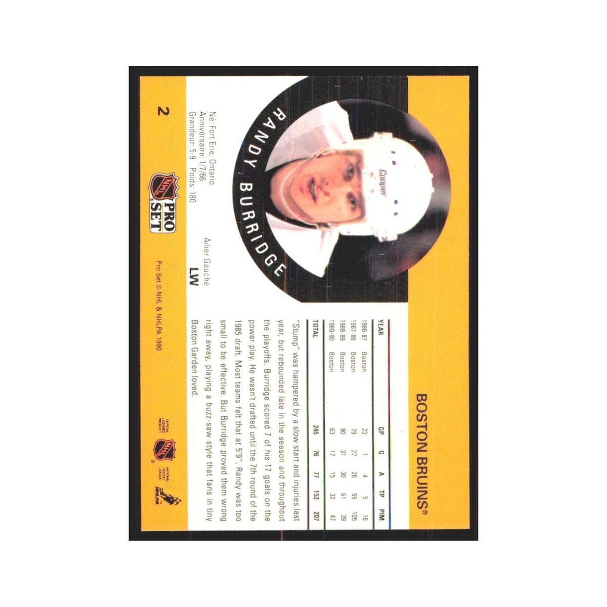 1990 Pro Set Randy Burridge Boston Bruins #2