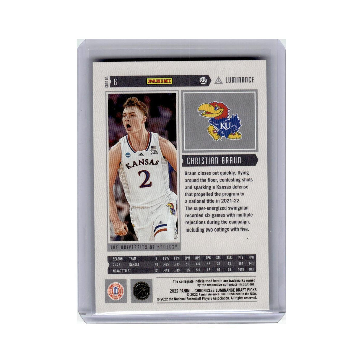 Christian Braun Rookie 2022 Panini Chronicles Luminance #6 Kansas Jayhawks NM