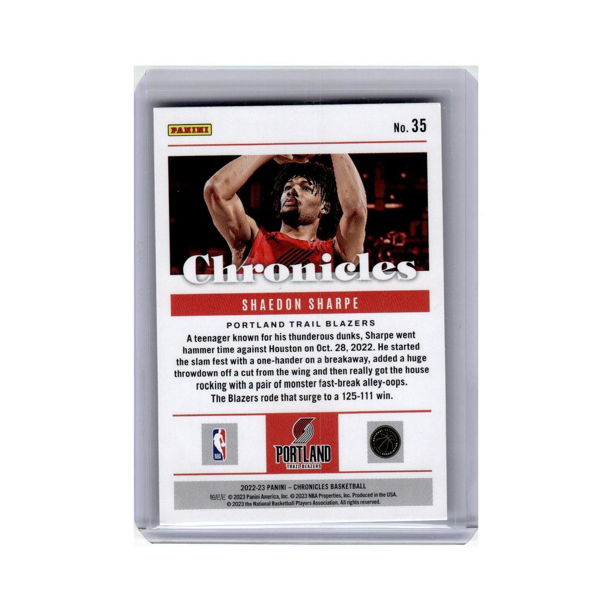 Shaedon Sharpe Rookie 2022 Panini Chronicles #35 Portland Trail Blazers NM