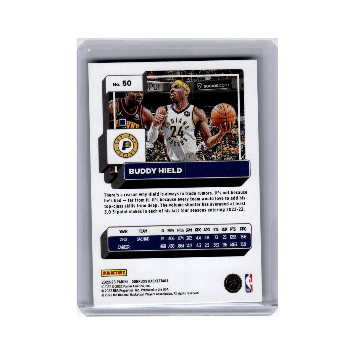 Buddy Hield 2022 Donruss #50 Indiana Pacers Basketball Card NM