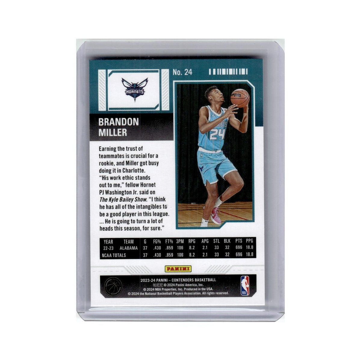 Brandon Miller Rookie 2023 Panini Contenders #24 Charlotte Hornets NM