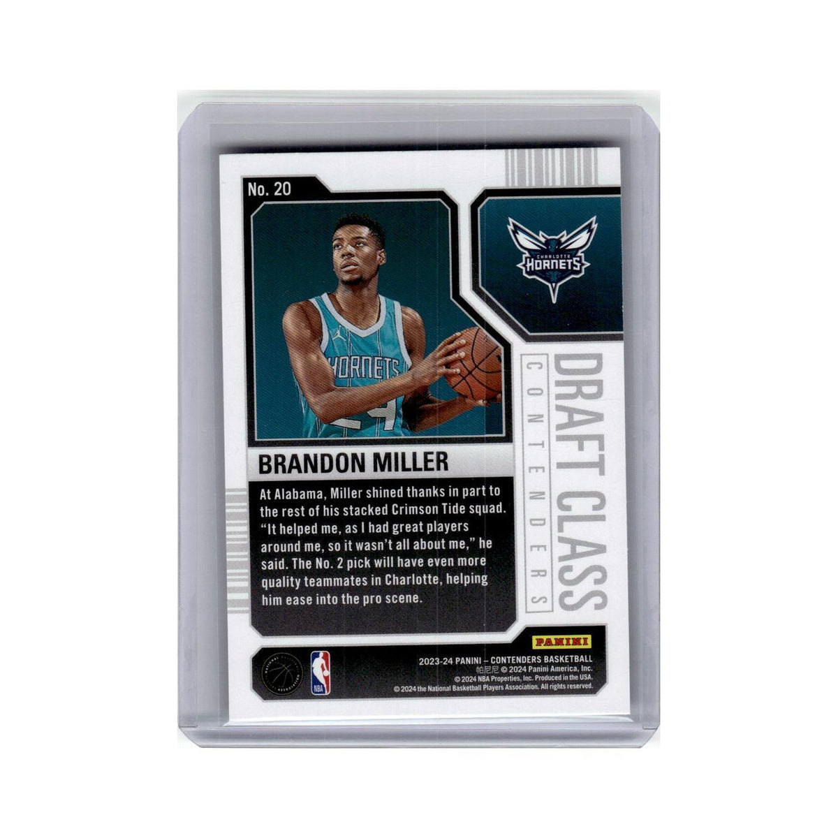 Brandon Miller Rookie 2023 Panini Contenders Draft Class #20 Hornets NM
