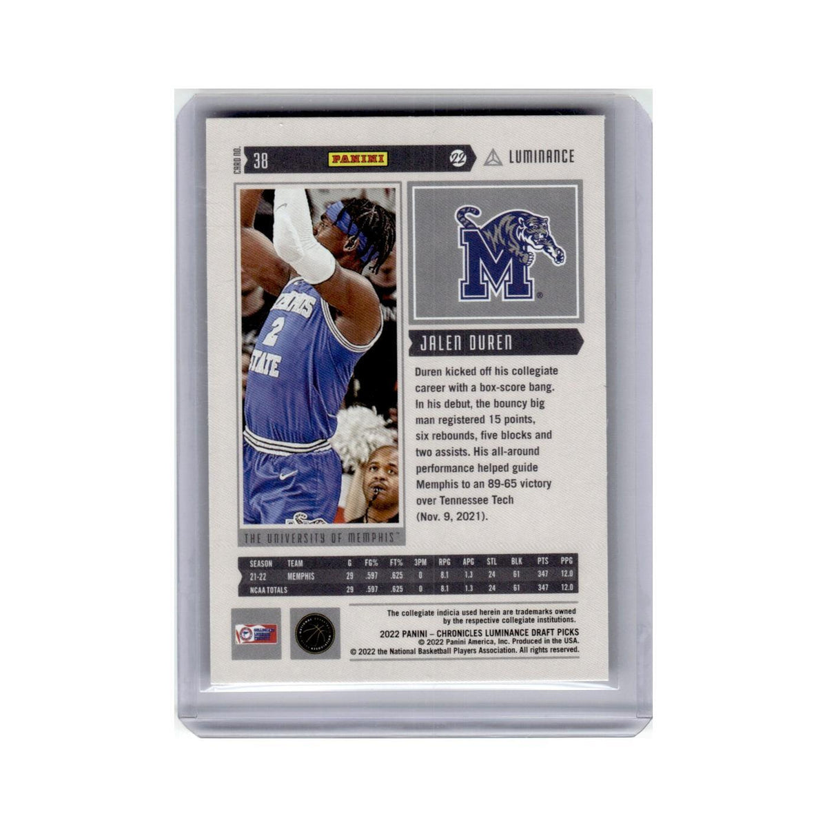 Jalen Duren Rookie 2022 Panini Chronicles Draft Picks Luminance #38 NM