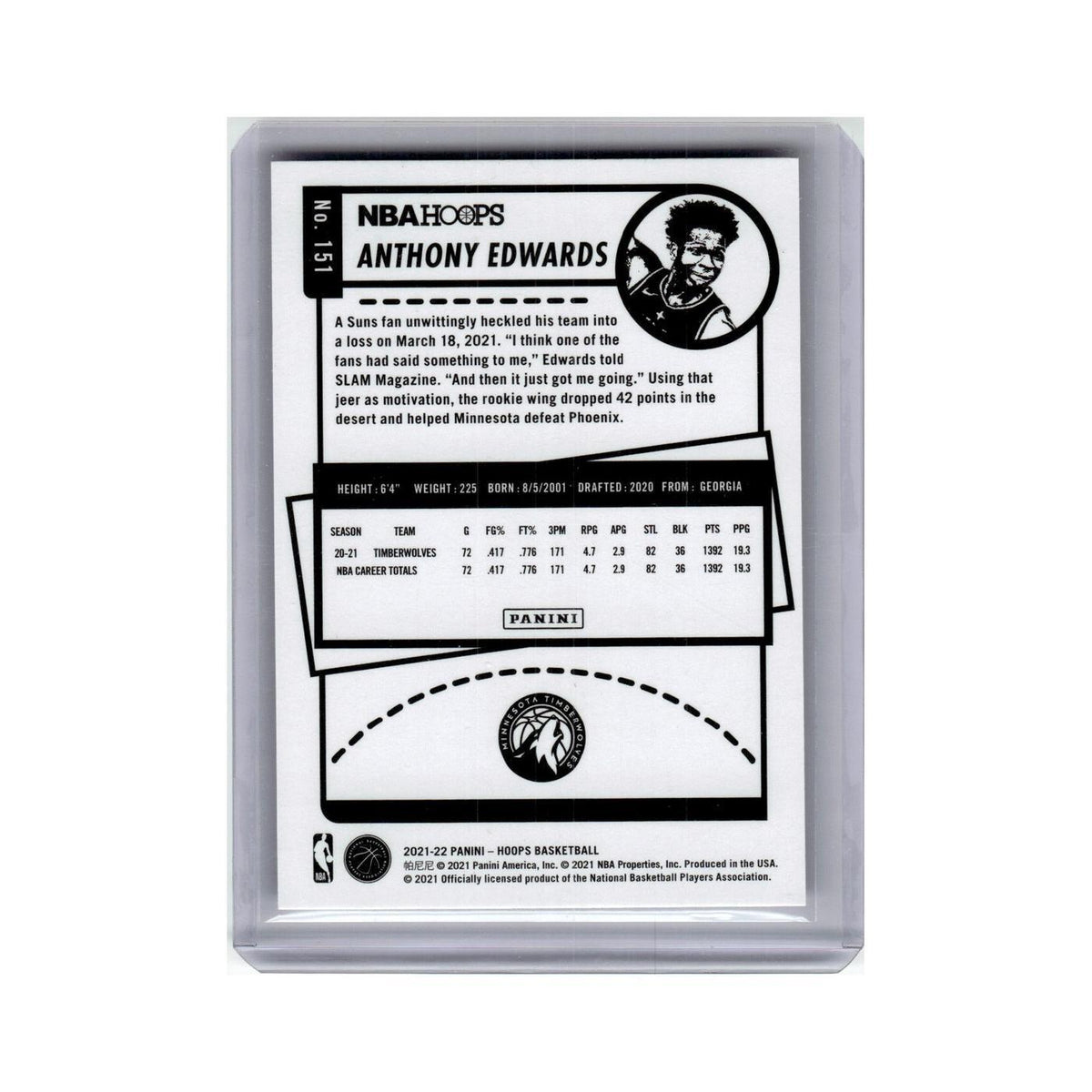Anthony Edwards 2021 Hoops #151 Minnesota Timberwolves Basketball Card NM