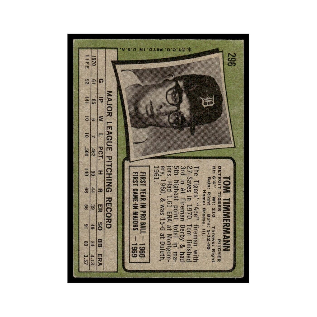 1971 Topps (Damaged) Tom Timmermann Tigers #296