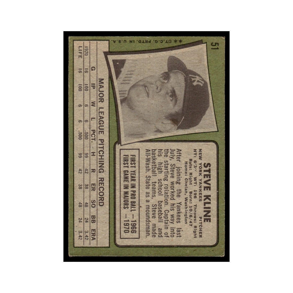 1971 Topps (Damaged) Steve Kline RC Yankees #51