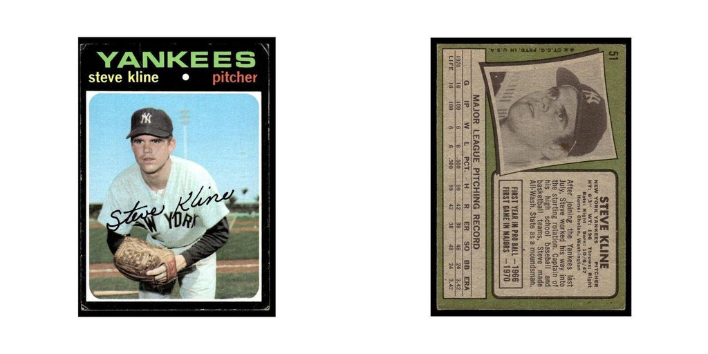 1971 Topps (Damaged) Steve Kline RC Yankees #51