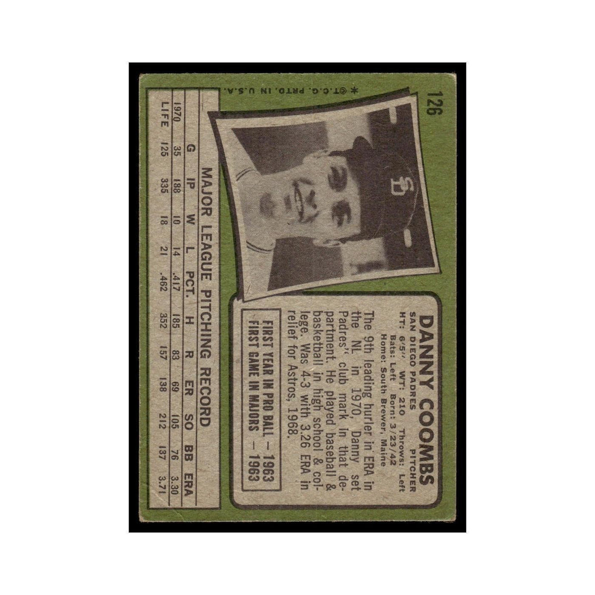 1971 Topps (Damaged) Danny Coombs Padres #126