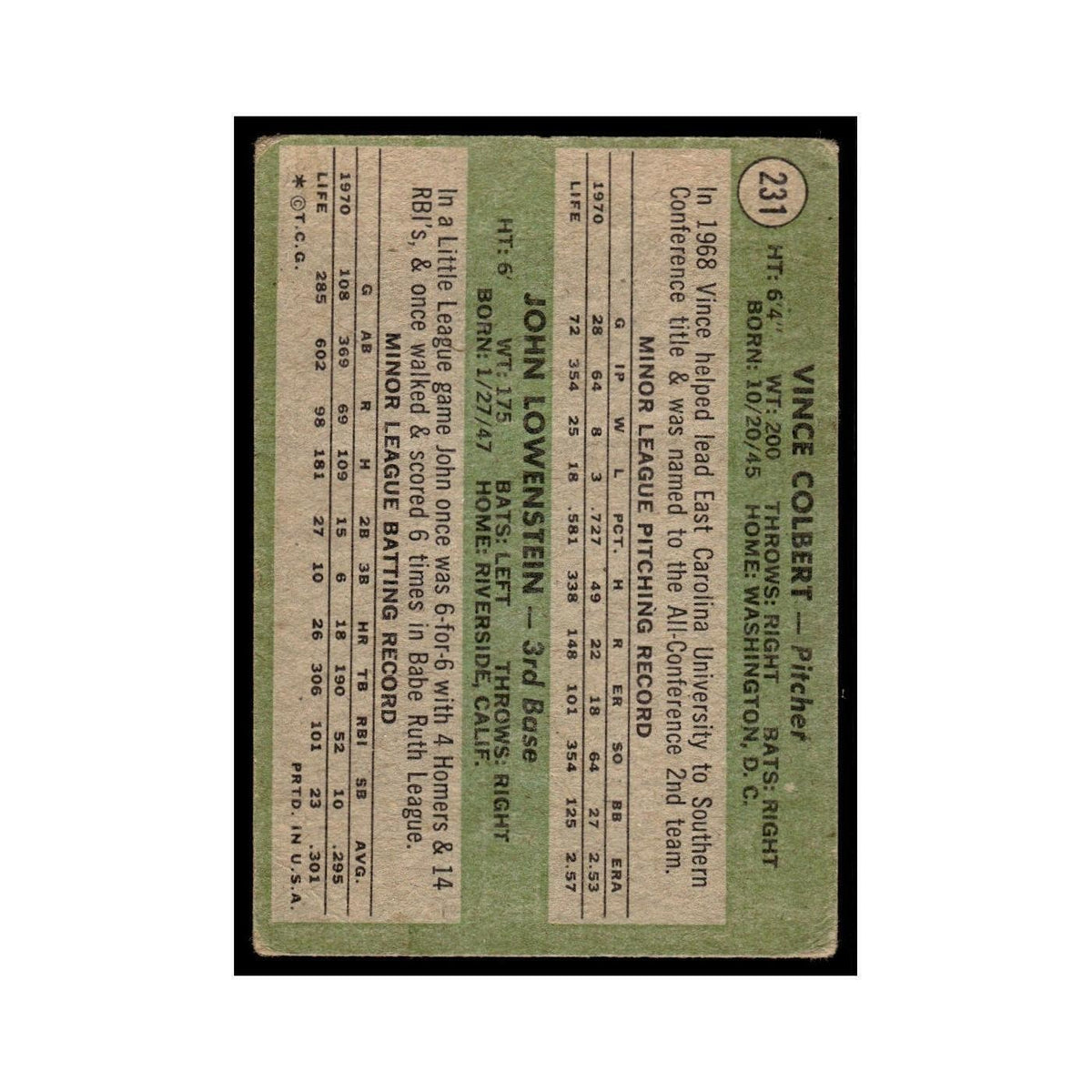 1971 Topps (Damaged) Vince Colbert/John Lowenstein RC Indians #231