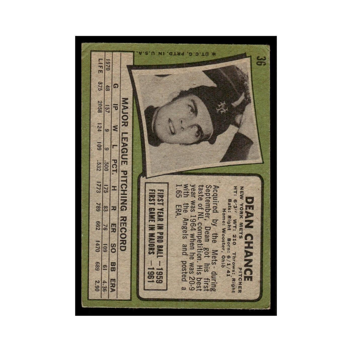 1971 Topps (Damaged) Dean Chance Mets #36