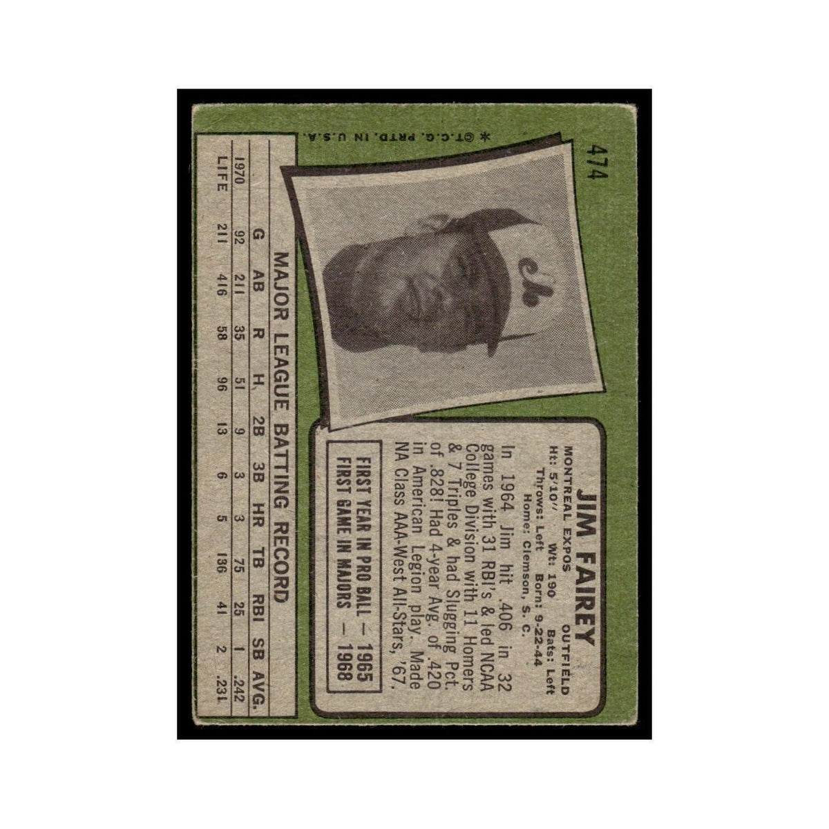 1971 Topps (Damaged) Jim Fairey Montreal Expos #474