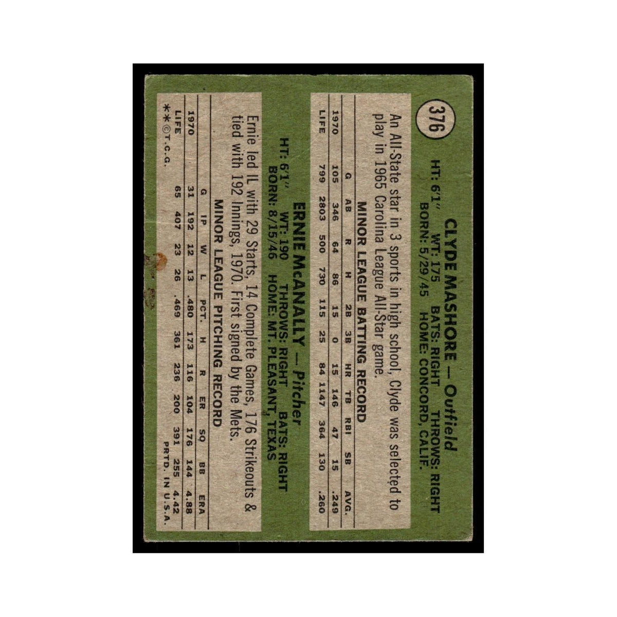 1971 Topps (Damaged) Clyde Mashore/Ernie McAnally RC Montreal Expos #376