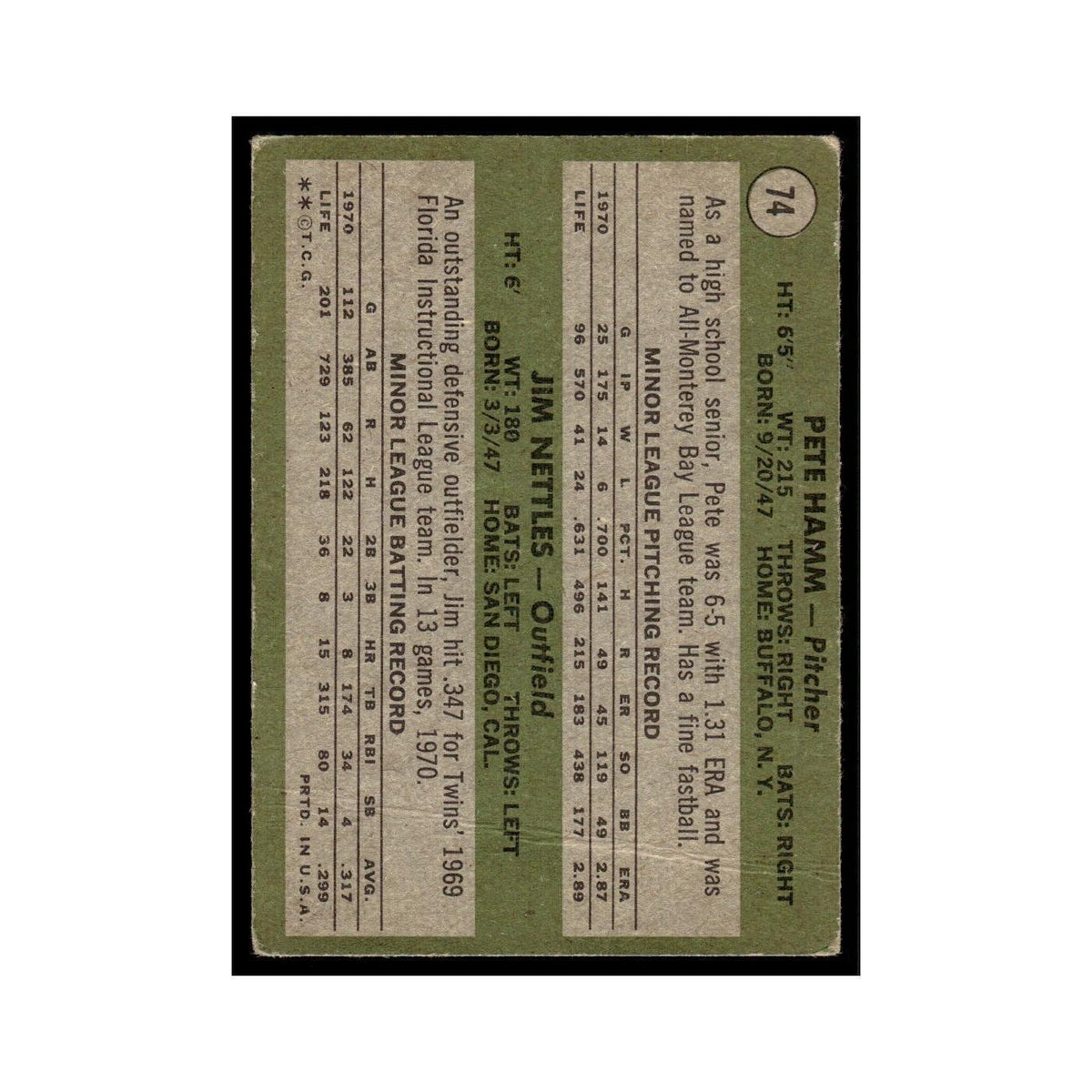 1971 Topps (Damaged) Pete Hamm/Jim Nettles RC Twins #74