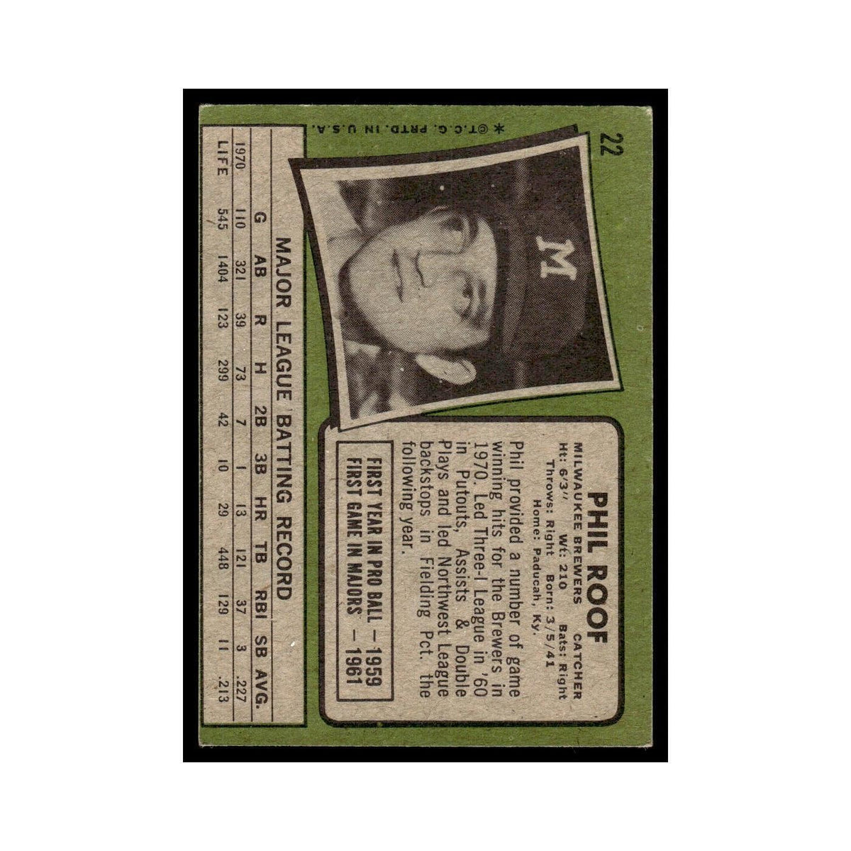 1971 Topps (Damaged) Phil Roof Brewers #22