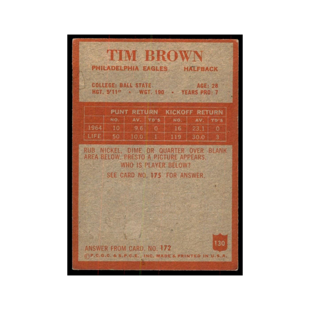 1965 Philadelphia Tim Brown Football Cards #130