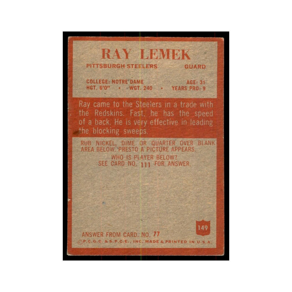1965 Philadelphia Ray Lemek Football Cards #149