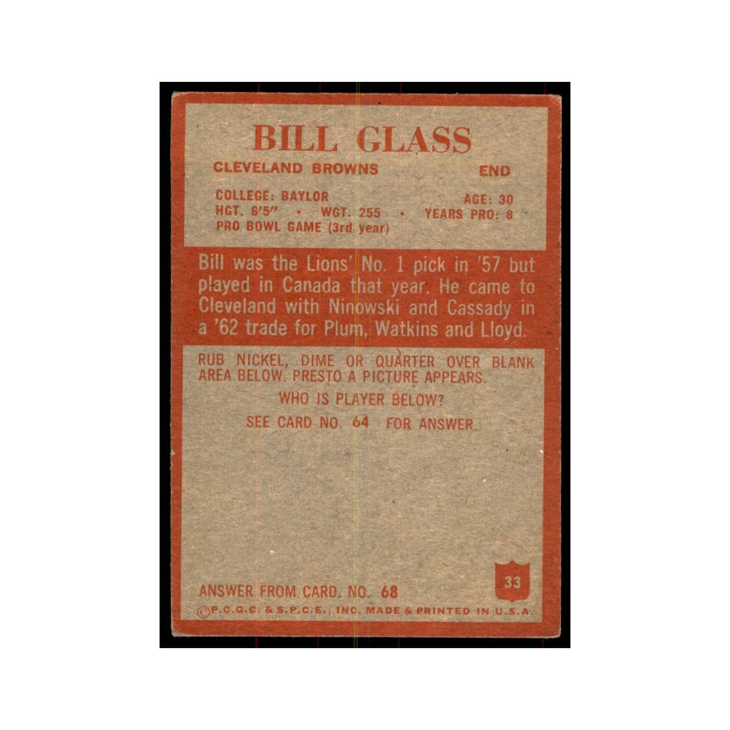 1965 Philadelphia Bill Glass Football Cards #33