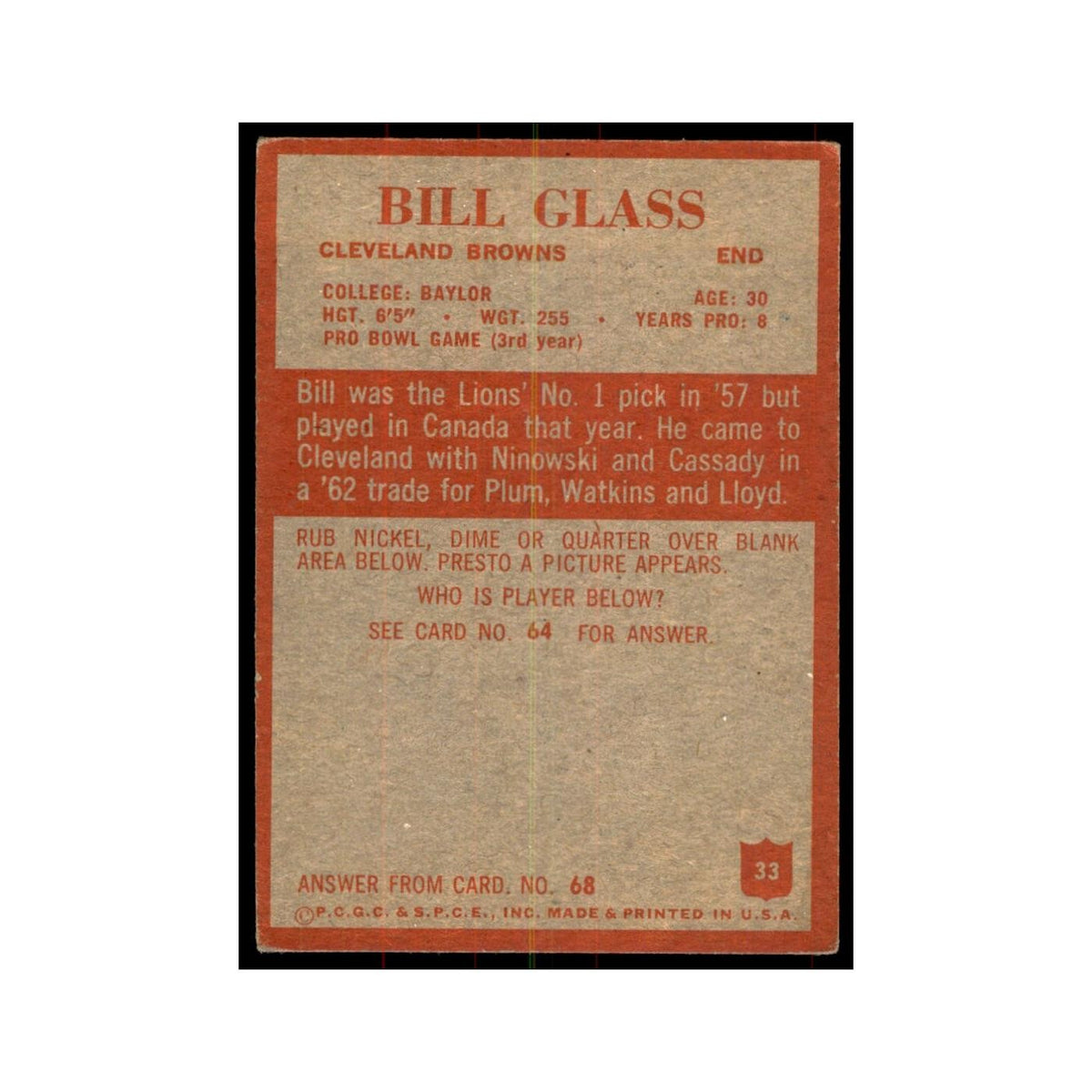 1965 Philadelphia Bill Glass Football Cards #33