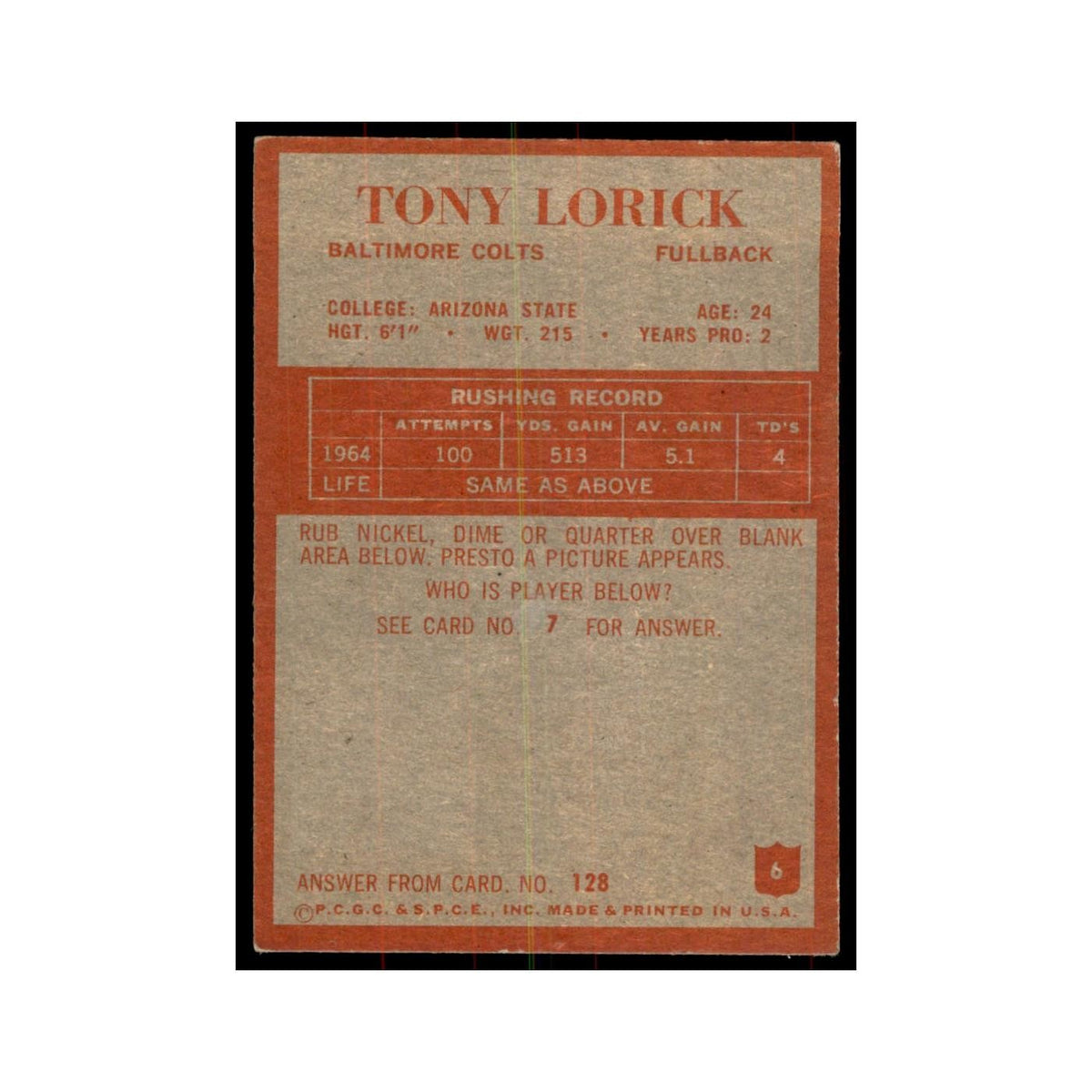 1965 Philadelphia Tony Lorick Football Cards #6
