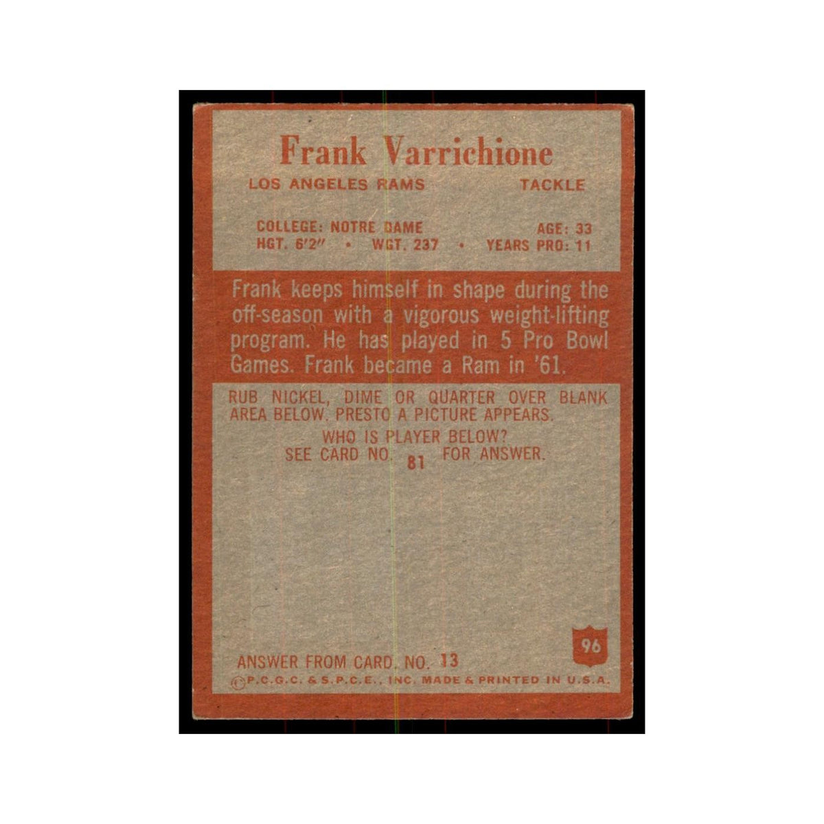 1965 Philadelphia Frank Varrichione Football Cards #96