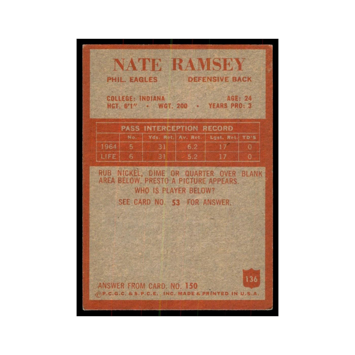 1965 Philadelphia Nate Ramsey Football Cards #136