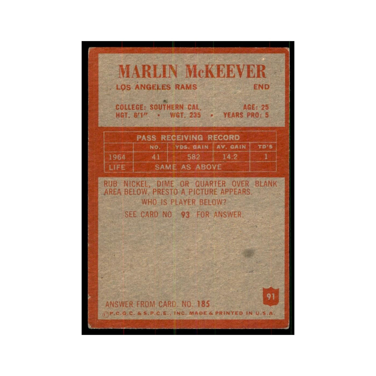 1965 Philadelphia Marlin McKeever Football Cards #91